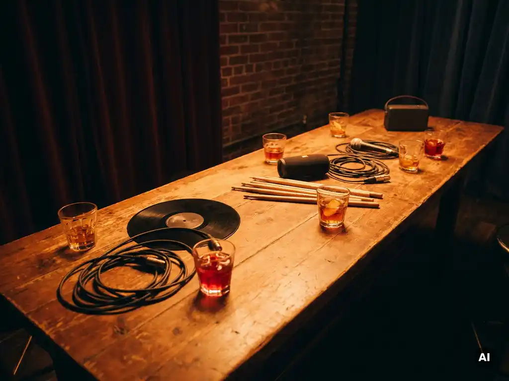 Houten bartafel met cocktailglazen, vinyl plaat, microfoonkabels en drumstokken in warm amberkleurig podiumlicht.