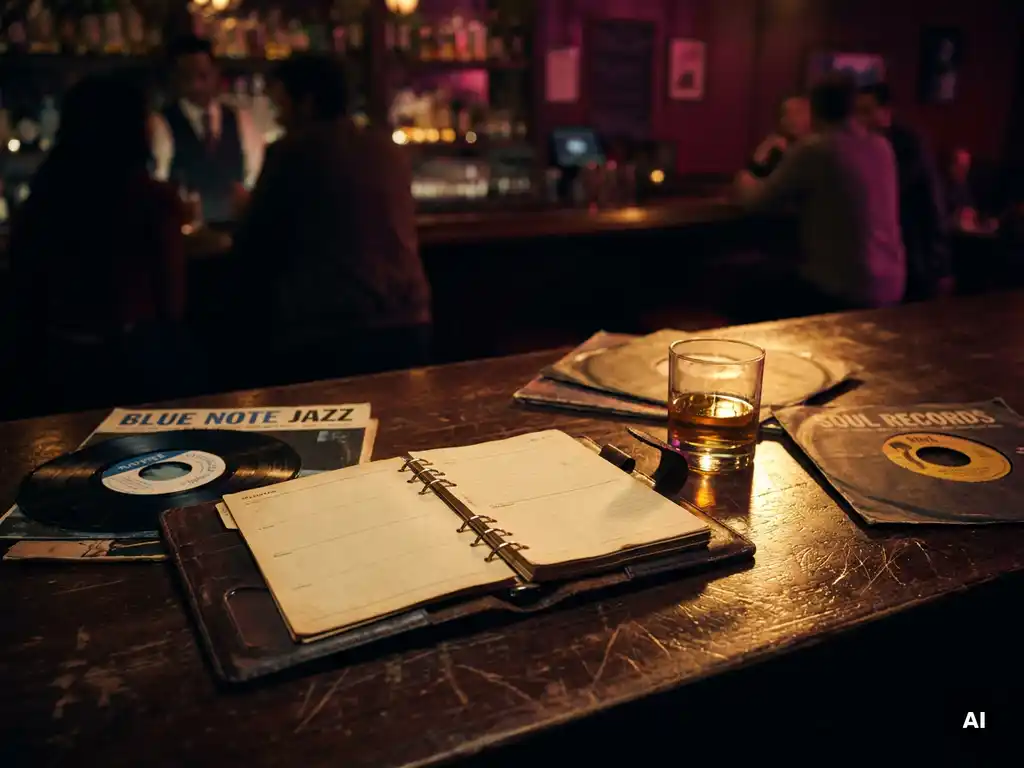 Opengeslagen vintage leren bureauagenda op donker houten bartafel, omringd door vinylplaten en een amberkleurig whiskyglas in sfeervol clublight.