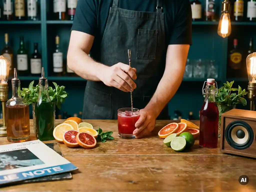 Barman die een mocktail maakt met citrusschijfjes en muntblaadjes, vintage vinylplaten op donkere houten bar, warm amber licht.